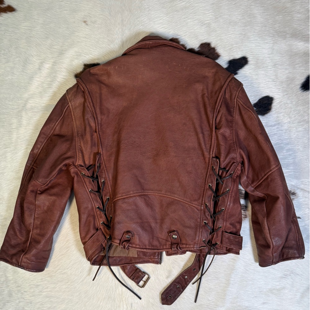 Brown Leather Moto Jacket Lace Up Biker Vintage XL Oversized - Picture 2 of 4